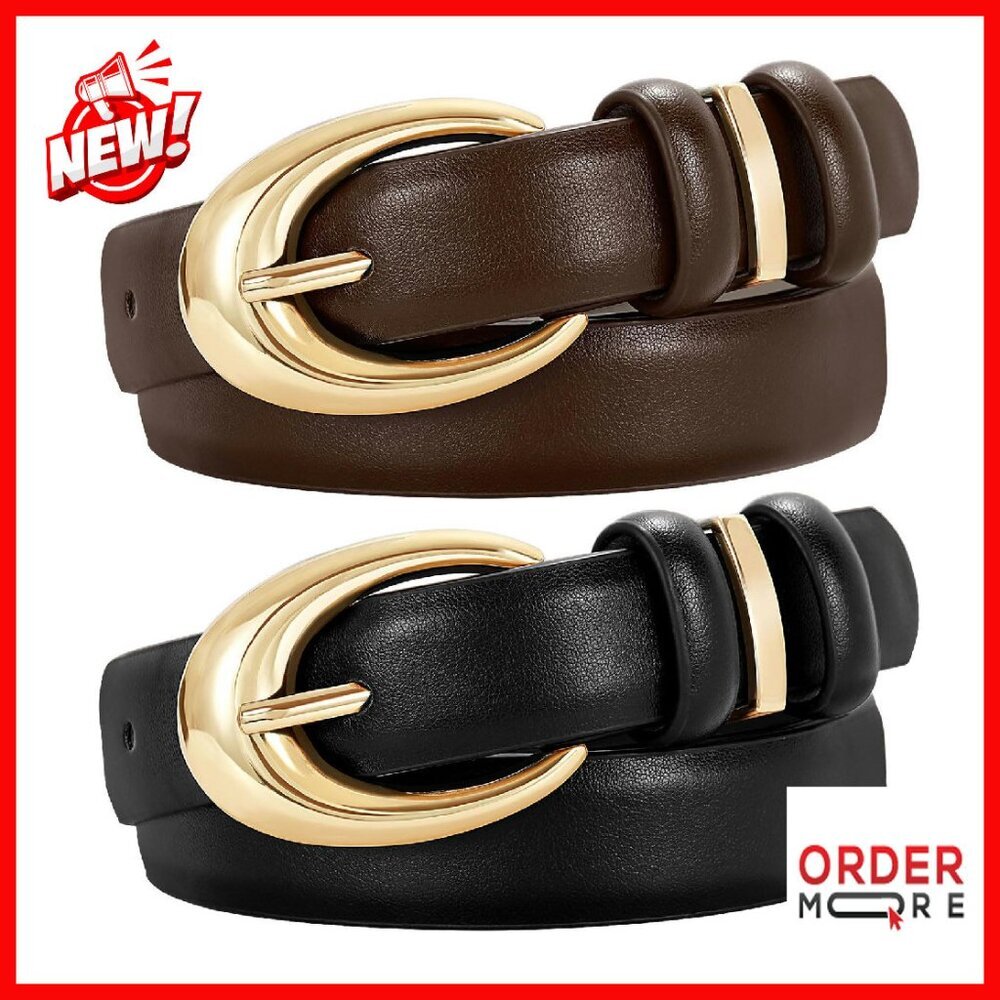 2 Pack Women's Faux Leather Skinny Belts With Gold Buckle For Jeans Pants